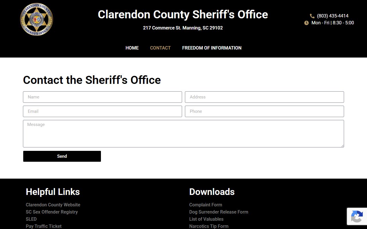 Clarendon County arrest records Sheriff's Office contact page