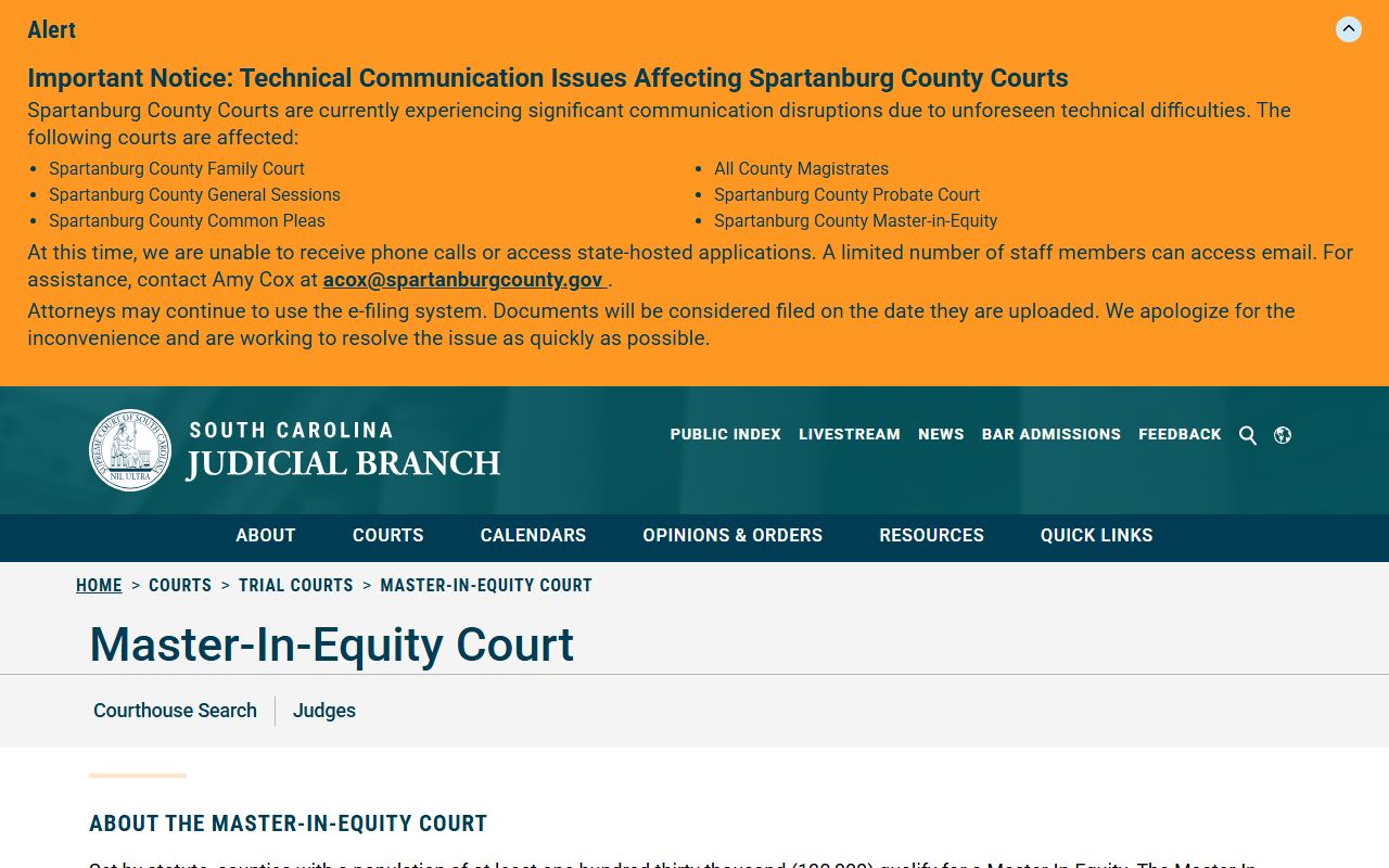 Clarendon County court dockets Master-in-Equity Court jurisdiction