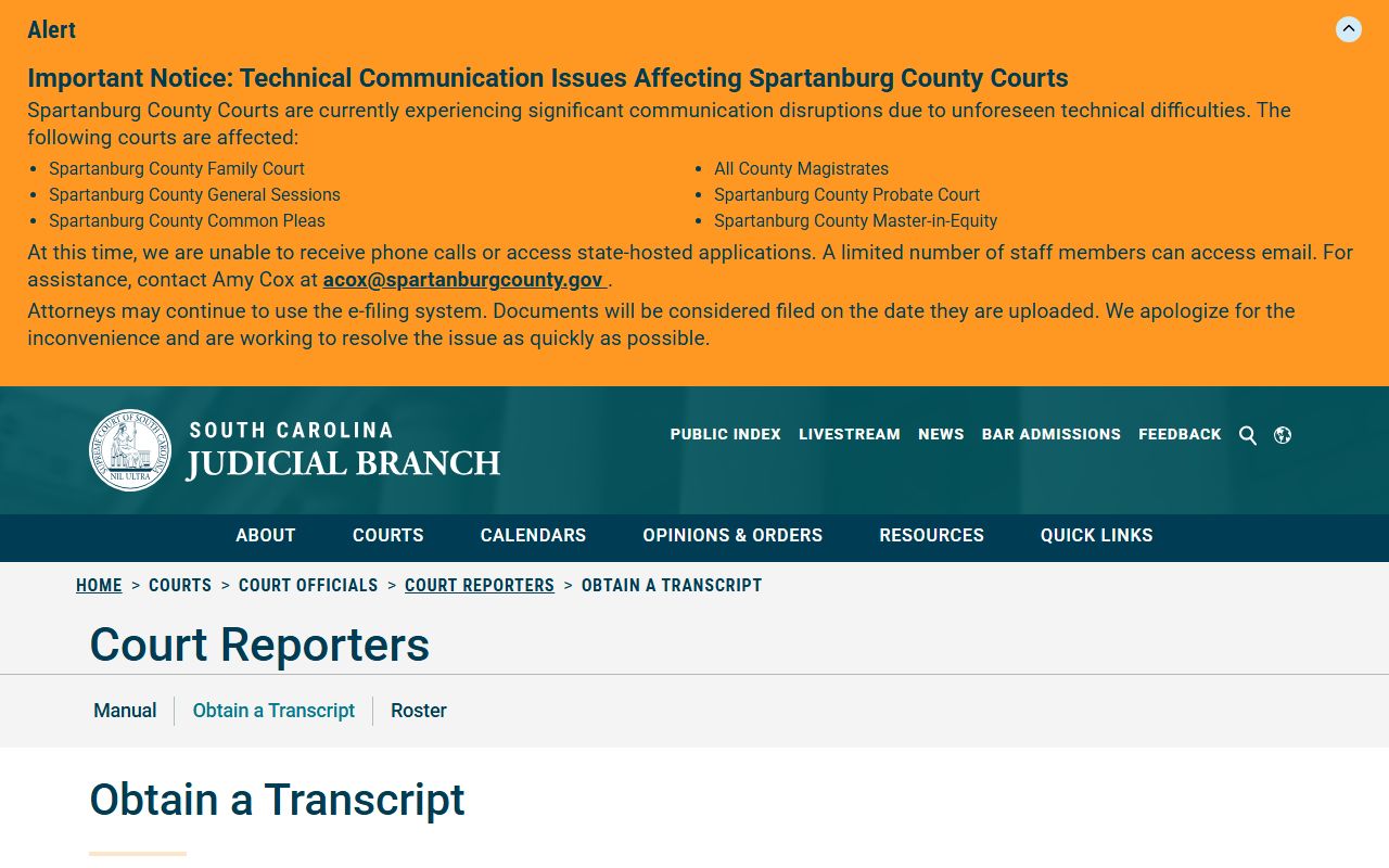 Clarendon County court records transcript request instructions