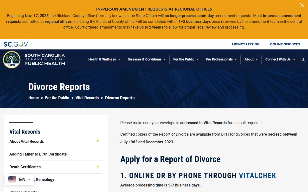Clarendon County divorce records DPH divorce report source