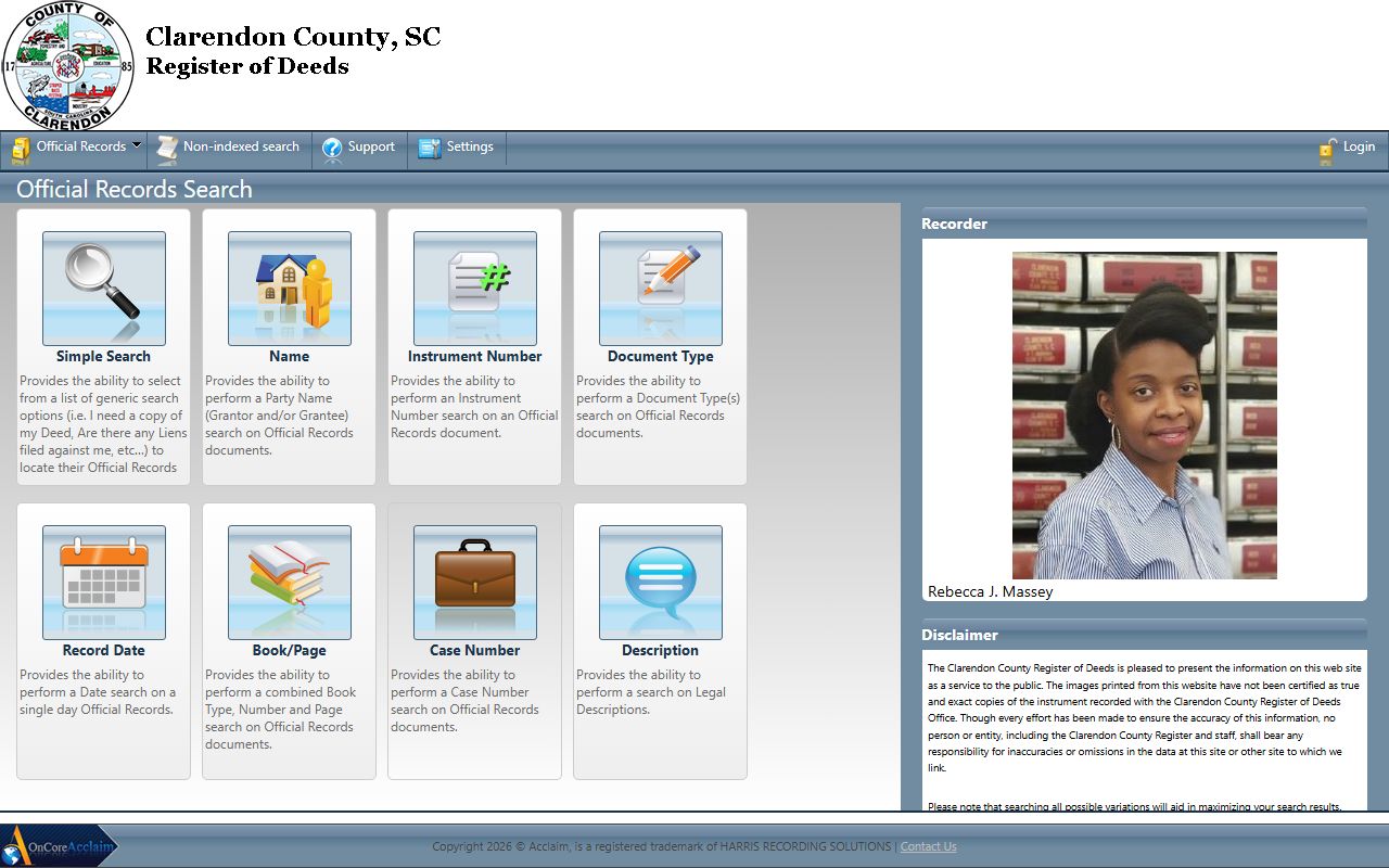 Clarendon County traffic court records Acclaim land records source