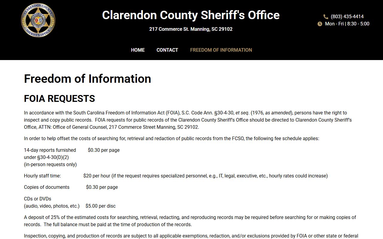 Clarendon County warrant records Sheriff's Office FOIA page
